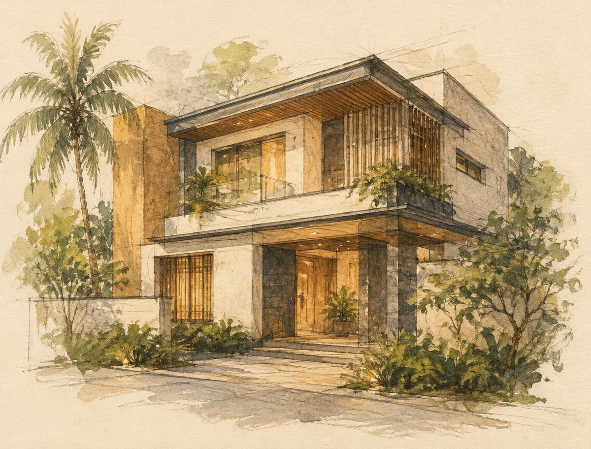 Watercolour concept mood sketch of a two-storey villa — placeholder, not a client design